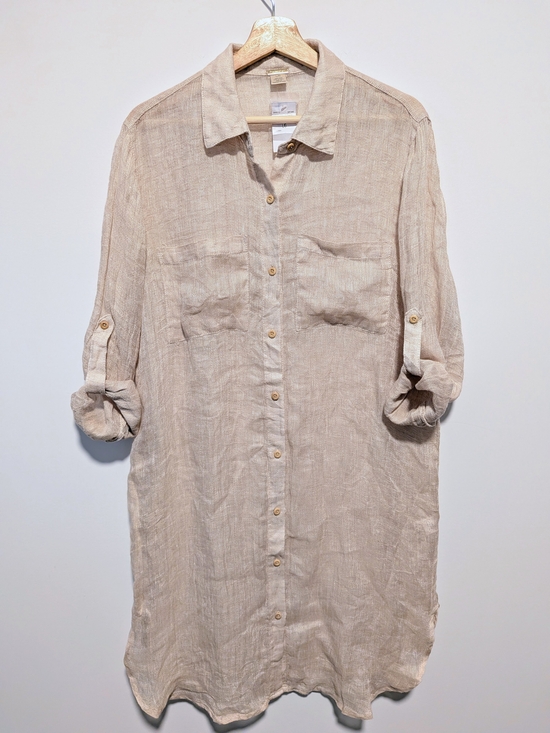 Magaschoni Dresses & Skirts - Magaschoni Soft Sand 100% Linen Shirt Dress L Roll Tab Sleeve NWT